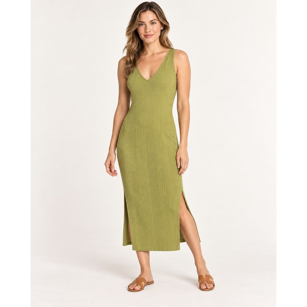 Banana Republic Womens Ribbed Midi Dress M Olive Green V-Neck Side Slit Casual